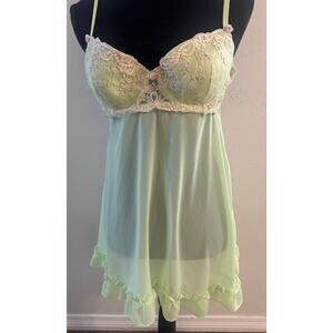 VTG Y2K Delicates Garden Fairy Embroidered Flowers Babydoll Slip Dress L Green